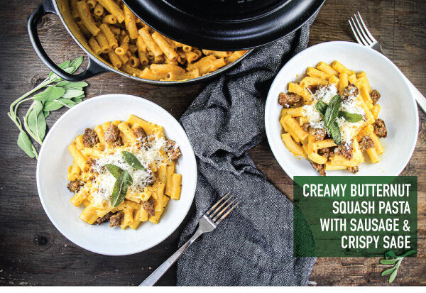 Newsletter Recipes - Creamy Butternut Squash Pasta with Sausage and Crispy Sage