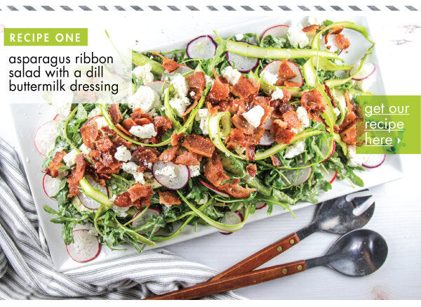 Newsletter Recipes - Asparagus Ribbon Salad with Arugula, Radish, Bacon, & Goat Cheese with a Dill Buttermilk Dressing
