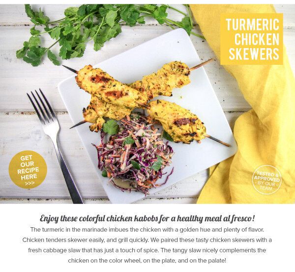 Newsletter Recipes - Turmeric Chicken Skewers with Tangy Slaw