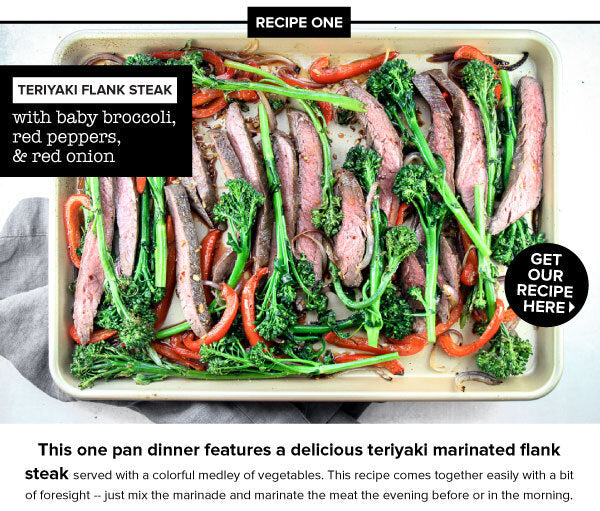 Newsletter Recipes - Teriyaki Flank Steak with Baby Broccoli, Red Peppers, & Red Onion