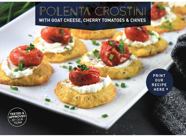 Newsletter Recipes - Polenta Crostini with Goat Cheese, Cherry Tomatoes & Chives