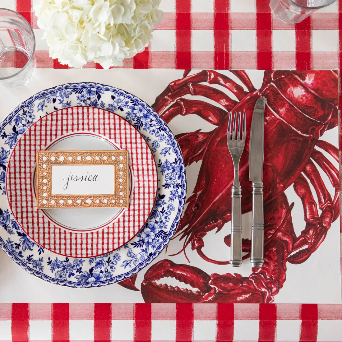 Hester & Cook Red Painted Check Paper Table Runner | 20" x 25' Roll