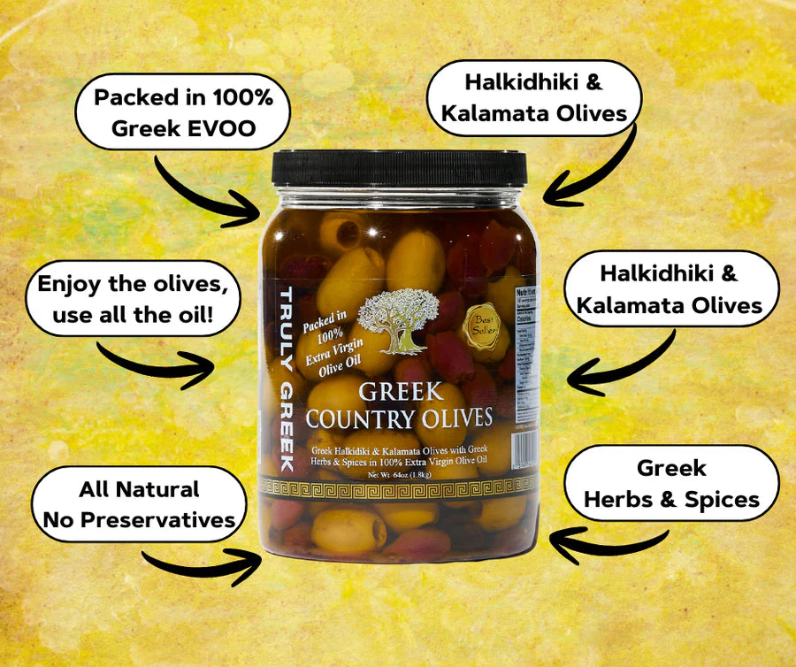Truly Greek Authentic Country Olive Mix 34oz | Hand-Picked Halkidiki & Kalamata Blend