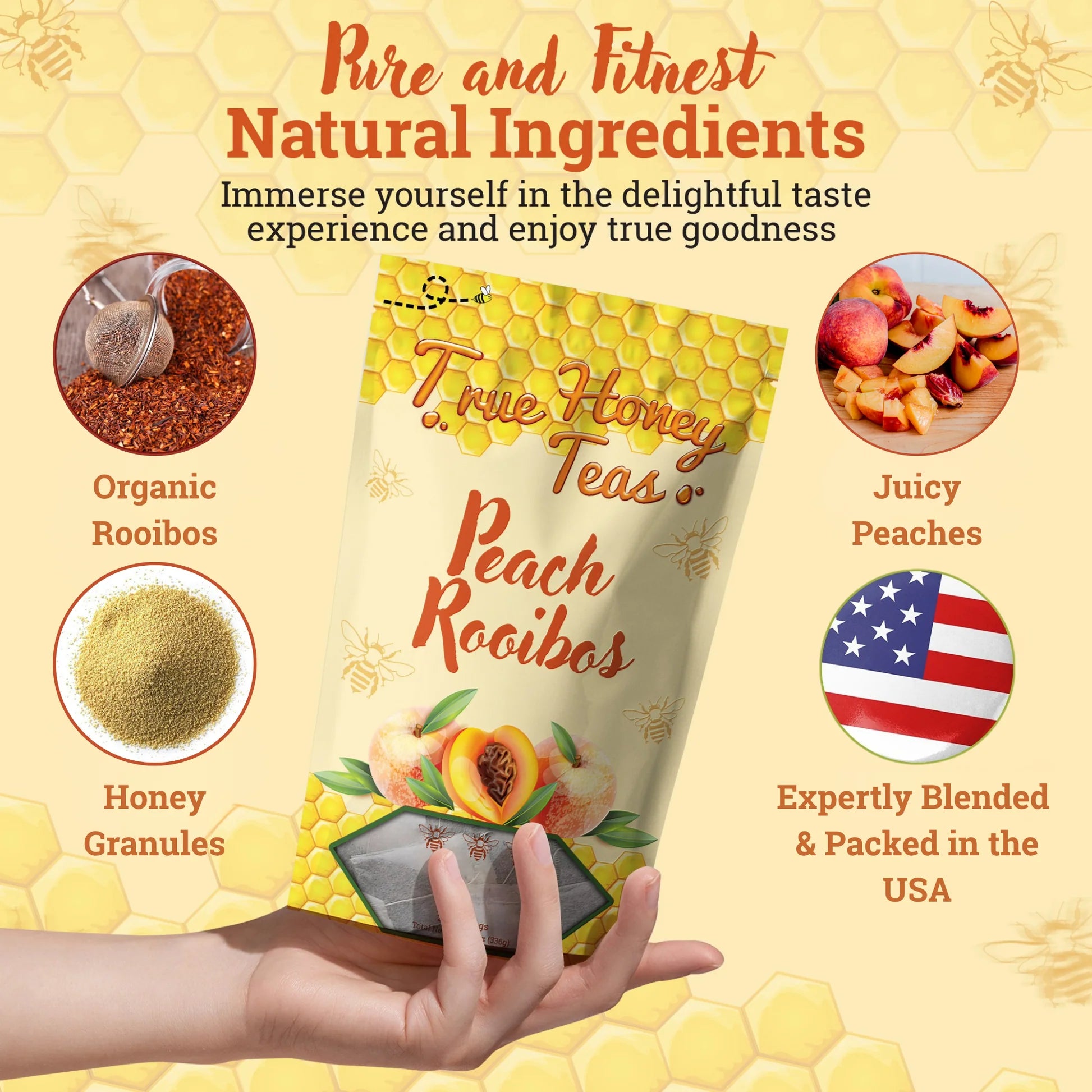 Peach Rooibos Tea | Caffeine-Free Herbal Tea with Real Honey Granules