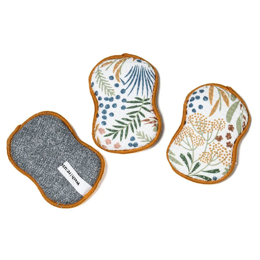 Re‑Usable Sponges Set of 3 – Floral in Inca Gold | Eco‑Friendly Cleaning Sponges