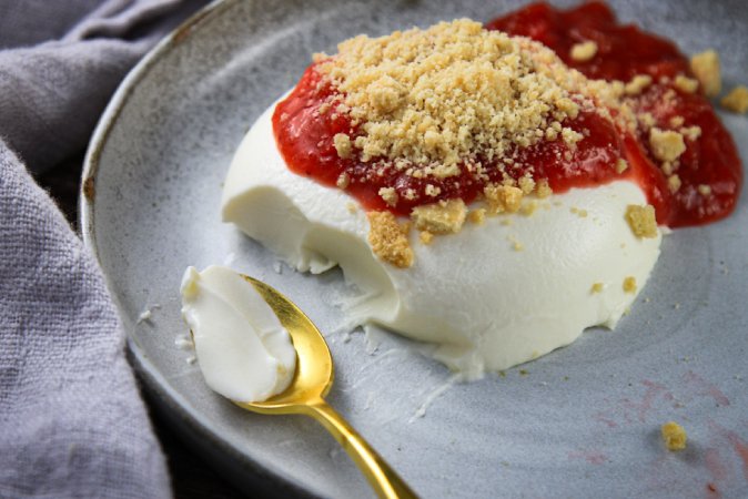Newsletter Recipes - Panna Cotta with Strawberry-Rhubarb Sauce and Crumbled Shortbread