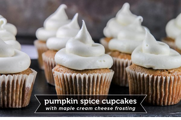 Newsletter Recipes - Pumpkin Spice Cupcakes with Maple Cream Cheese Frosting