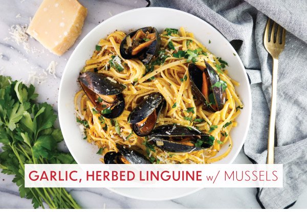 Newsletter Recipes - Garlic, Herbed Linguine with Mussels