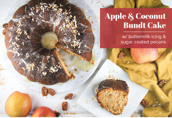 Newsletter Recipes - Apple and Coconut Bundt Cake with Buttermilk Icing and Sugar Coated Pecans