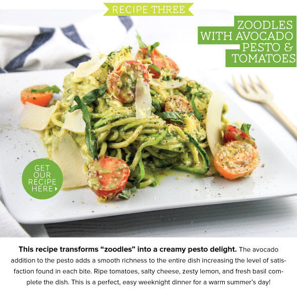 Newsletter Recipes - Zoodles with Avocado Pesto and Tomatoes