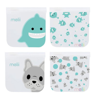 Melii Reusable Snack Bags | 4 Pack Shark & Bulldog Dog | Leak-Proof Kids Lunch Bags