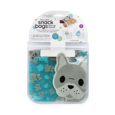 Melii Reusable Snack Bags | 4 Pack Shark & Bulldog Dog | Leak-Proof Kids Lunch Bags