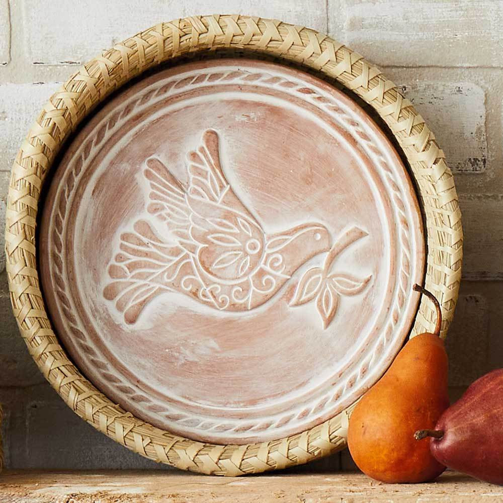 Peace Dove Terracotta Bread Warmer & Handwoven Basket Set