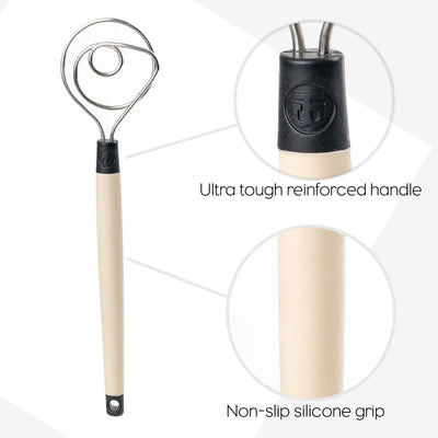 Brod & Taylor Heavy Duty Dough Whisk | Stainless Steel Baker's Mixing Tool with Non-Slip Silicone Grip