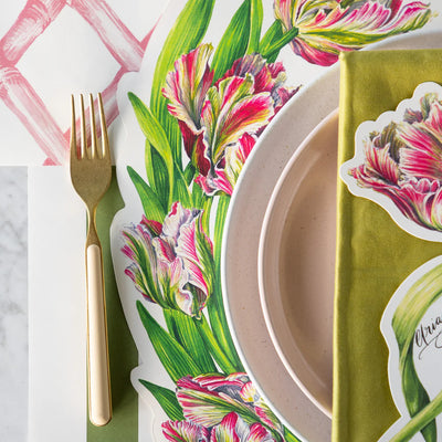 Hester & Cook Die-Cut Parrot Tulip Paper Placemats | Set of 12 Floral Mats